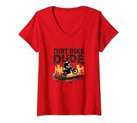 Dirt Bikes pour garçons Dude Motocross Urban Adventure T-Shirt avec Col en V, Femme, Rouge, M