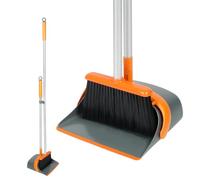 Dirty Fox Ensemble balai et pelle à poussière avec manche de 137 cm de long - Ensemble pelle à poussière et brosse parfaite pour un nettoyage efficace de la maison (orange et gris)