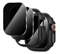 Diruite 2+2 Pièces pour Apple Watch Ultra/Ultra 2 49mm Protection Écran+Coque,Privacy Verre Trempé Screen Protection*2+Creux Antichoc PC Case*2,Noir,49mm