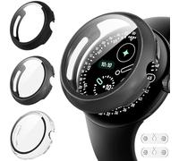Diruite 3 Pièces Coque pour Google Pixel Watch 4 41mm Protection Écran&2*Accessoires de recharge Dur PC Matériel Ultra Mince Verre Trempé Écran Case,Noir&Couleur Pistolet&Transparent,41mm