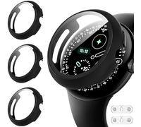 Diruite 3 Pièces Coque pour Google Pixel Watch 4 41mm Protection Écran&2*Accessoires de recharge Dur PC Matériel Ultra Mince Verre Trempé Écran Case,Noir*3,41mm