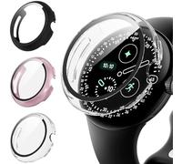 Diruite 3 Pièces Coque pour Google Pixel Watch 4 41mm Protection Écran Dur PC Matériel Ultra Mince Verre Trempé Écran Case,Noir&Poudre De Rose&Transparent