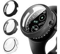 Diruite 3 Pièces Coque pour Google Pixel Watch 4 41mm Protection Écran Dur PC Matériel Ultra Mince Verre Trempé Écran Case,Noir&Couleur Pistolet&Transparent