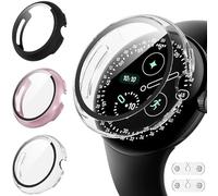 Diruite 3 Pièces Coque pour Google Pixel Watch 4 45mm Protection Écran&2*Accessoires de recharge Dur PC Matériel Ultra Mince Verre Trempé Écran Case,Noir&Poudre De Rose&Transparent,45mm