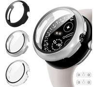 Diruite 3 Pièces Coque pour Google Pixel Watch 4 45mm Protection Écran&2*Accessoires de recharge Dur PC Matériel Ultra Mince Verre Trempé Écran Case,Noir&Argent&Transparent,45mm