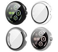Diruite 4 Pièces Coque pour Google Pixel Watch 3 45mm Protection Écran HD Ultra Mince Verre Trempé PC Case Screen Protection,Noir&Couleur Pistolet&Argent&Transparent