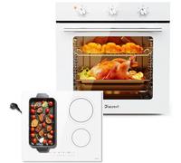 Disaenvir Four Encastrable Blanc 60CM + Plaque Induction Blanche 4 Feux | Four Capacité 60L, 6 Fonctions, Grille et Plaque Émaillée+Verre blanc, Boost, Minuterie, Pause, Maintien au Chaud