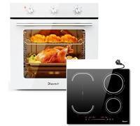 Disaenvir Four Encastrable Blanc+Plaque Induction 4 Feux avec Zone Flexible | Capacité 60L, 6 Fonctions, Grille et Plaque Émaillée+Induction avec Prise, 3500W, Curseur Tactile, Fonction Boost, Minuterie