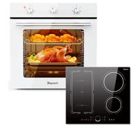 Disaenvir Four Encastrable Blanc+Plaque Induction 4 Feux avec Zone Flexible | Capacité 60L, Minuterie, 6 Fonctions, Grille et Plaque Émaillée,Commande Coulissante Circulaire, 9 Niveaux, Boost
