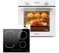 Disaenvir Four Encastrable Blanc+Plaque Induction 4 Feux avec Zone Flexible | Capacité de 60 Litres, 9 Fonctions, Grill et Plaque Émaillée+Curseur Tactile, Fonction Boost, Minuterie