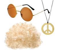 Disco Wig Set-Hippie Costume Set Funky Afro Wig Impression sur le SUCLE, Accessoires pour Homme Discothèque Années 70 | Wig Afro Elastica, 3 Objets de Scène de Cosplay d'Halloween, Or