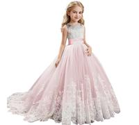 Discoball Robe de princesse pour fille - Dentelle et tulle - Brodées - Robe de demoiselle d'honneur - Pour mariage, bal de fin d'année, demoiselle d'honneur - Rose