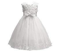 Discoball Robe de princesse pour fille, tulle avec nœud en dentelle, broderie pour fête d'anniversaire, mariage, demoiselle d'honneur, première communion pour filles de 1 à 10 ans, blanc, 2-3 ans