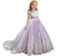 Discoball Robe de princesse pour filles - Dentelle et tulle - Brodées - Robe de mariage, bal de fin d'année, demoiselle d'honneur - Pour fille de 6 à 15 ans (violet)