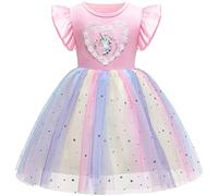 Discoball Robe d'été en tulle arc-en-ciel pour filles, t-shirt en coton avec imprimé licorne, robe de princesse pour cosplay, mariage, fête d'anniversaire, Licorne rose., 6-7 ans