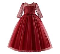 Discoball Robe en dentelle à manches 3/4 pour fille, longueur sol, robe de princesse pour mariage, bal de fin d'année, demoiselle d'honneur, fête pour enfants de 4 à 13 ans (bordeaux, 6 à 7 ans)