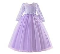 Discoball Robe en dentelle à manches 3/4 pour fille, longueur sol, robe de princesse pour mariage, bal, demoiselle d'honneur, fête pour enfants de 4 à 13 ans (violet, 4 à 5 ans)