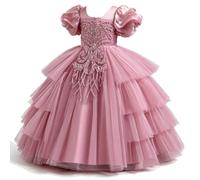 Discoball Robe longue style gâteau pour fille - Robe de princesse irrégulière à manches bouffantes pour fête, mariage, baptême, anniversaire, concours de beauté