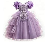 Discoball Robe longue style gâteau pour fille - Robe de princesse irrégulière à manches bouffantes pour fête, mariage, baptême, anniversaire, concours de beauté