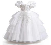Discoball Robe longue style gâteau pour fille - Robe de princesse irrégulière à manches bouffantes pour fête, mariage, baptême, anniversaire, concours de beauté