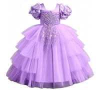 Discoball Robe longue style gâteau pour fille - Robe de princesse irrégulière à manches bouffantes pour fête, mariage, baptême, anniversaire, concours de beauté