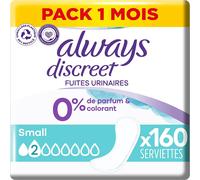 Discreet 0%, 160 Serviettes Hygiéniques Incontinence Femme, Small 2 Gouttes, Protection Absorbante Pour Fuites Urinaires Légères Ou Post Accouchement, Pack 1 Mois