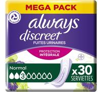 Discreet,30 Serviettes Hygiéniques Incontinence Femme,Normal 3 Gouttes,Protection Absorbante Pour Fuites Urinaires Modérées,Mega Pack.[W44]
