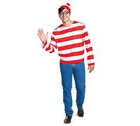 Disguise Men's Wheres Halloween, Official Adult Waldo Costume Set with Shirt and Cap with Glasses Outfit, Multicolored, Medium (38-40)