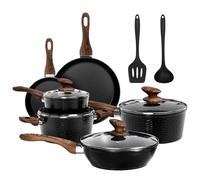 DishDelight Batterie de cuisine 12 pièces avec revêtement en granit et couvercles en verre, compatibles avec l'induction, casseroles et poêles en aluminium antiadhésives en noir, KA-CS01