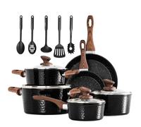 DishDelight Lot de 15 casseroles à induction - En granit - Revêtement antiadhésif - Noir - Avec couvercles en verre