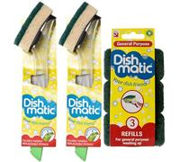 Dishmatic Lot de 2 brosses à vaisselle et éponge à remplir - Nettoyage à vaisselle facile - avec 3 recharges de brosse à usage général Dishmatic