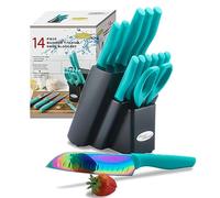 DISHWASHER SAFE Rainbow Titanium Cutlery Knife Set, Marco Almond KYA27 Kitchen Knives Set with Wooden Block, Rainbow Titanium Coating,Chef Quality for Home & Pro Use, Best Gift,14 Piece Turquoise