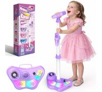 Dislocati Microphone Enfant avec Pied, Set de 2 Micros sans Fil avec Lumière LED, Hauteur Réglable 47-108 cm, Enceinte Bluetooth/TF/USB/AUX, Jouet Enfant 3 Ans+, Cadeau Anniversaire Noël (Violet)