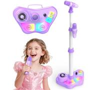 Dislocati Microphone sur Pied pour Enfants 3+ Ans, Double Micro avec Lumière LED Colorée, Hauteur Réglable 47-108 cm, Bluetooth/TF/USB/AUX, Cadeaux Noel, pour Filles et Garçons (Violet)