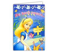 DISNEY Alice au pays des merveilles Carte Joyeux Anniversaire avec PAILLETTES Brillantes Scintillantes Enveloppe Rose Intérieur Illustré Chapelier Fou Théière Tasse à Thé Fille Conte Enfant 130947