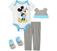 Disney Baby Boy's Mickey Mouse Bodysuit Set - 4 Piece Onesie Romper, Sweatpants, Cap, and Booties Set, Mickey Mouse Light Blue, Size 3-6 Months