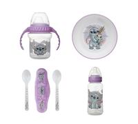 DISNEY BABY Lilo & Stitch - Pack Repas 1er Âge - Vaisselle Enfant - Tasse À Poignées Anti-Fuite, Bol Antidérapant, 2 Cuillères Avec Boîtier De Transport Et Grignoteur - 10 Mois Et Plus