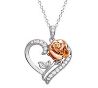 Disney Beauty and the Beast Pink Gold Over Sterling Silver Two Tone Enchanted Rose Cubic Zirconia Heart Necklace, 18"