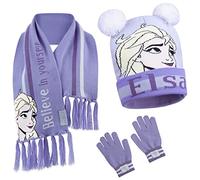 Disney Bonnet Enfant Fille Elsa Reine des Neiges, Packs Bonnet, Écharpe et Gants Fille, (Violet, Taille Unique)