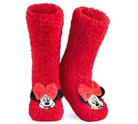 Disney Chaussettes Chaussons Femme Chaussettes Fourrées Antidérapantes Fantaisie Idée Cadeau Stitch Femme Fille Ado (Rouge Pilou Minnie)