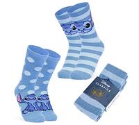 Disney Chaussettes Femme Pilou, 2 Paires Chaussettes Antidérapantes Femme Stitch Mickey Minnie Baby Yoda (Bleu Stitch)