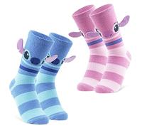 Disney Chaussettes Femme, Lot 2 Paires Chaussettes Antidérapantes Stitch et Angel (Rosa/Bleu Rayures)