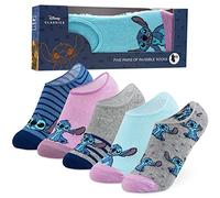 Disney Chaussettes Femmes Fantaisie Lot de 5 Paires de Chaussettes Basses Invisibles, Socquette Femme Coton Originale Rigolote Stitch Mickey Minnie (Blue Stitch)
