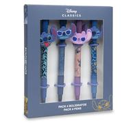 Disney Classics - Lot de 4 Stylos Stitch Fantaisie avec Figurine 3D - Encre Bleue - Idée Cadeau Enfant École