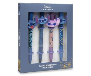 Disney Classics - Lot de 4 Stylos Stitch Fantaisie avec Figurine 3D - Encre Bleue - Idée Cadeau Enfant École
