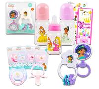 Disney Coffret cadeau princesse pour bébé, cadeau de fête prénatale pour filles neutres - Lot de 8 accessoires essentiels pour nouveau-né avec hochet, bouteille, tétine, autocollants de scrapbooking,