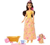 Disney Coffret Princesse Belle et son chien à toiletter avec taches qui changent de couleur, baignoire, brosse et accessoires pour cheveux, inspiré du film La Belle et la Bête, JFC42