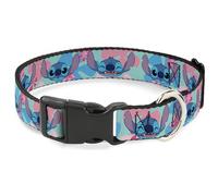 Disney Collier pour chien avec boucle en plastique, libération rapide, facile à régler, expressions Lilo et Stitch Stitch et fleurs bleues roses, 24,5 à 36,5 cm de large