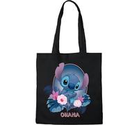 Disney Cotton Division Officiel Stitch imprimés 100% coton |Réutilisable | Longue poignée | Voyages et achats |Sac fourre-tout 38 * 40 CM, Stitch_Black_2, Taille unique