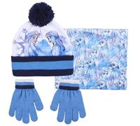 Disney Elsa Anna La Reine des Neiges Bonnet à pompon + écharpe + gants pour fille, bleu, 2-8 ans